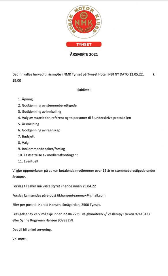 Innkalling årsmøte 2021