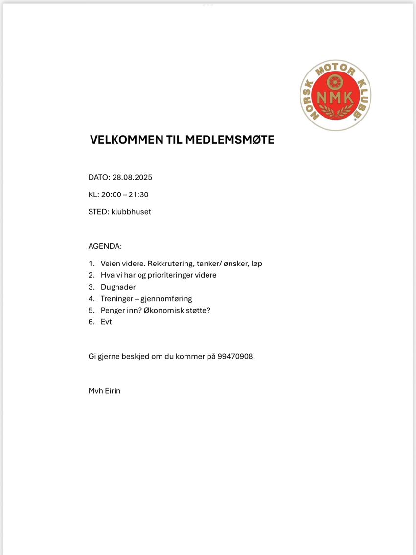 Medlemsmøte NMK Tynset 28.08.25